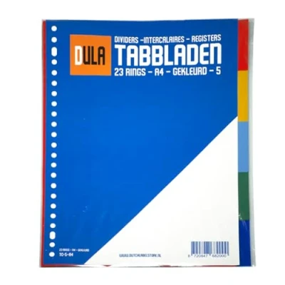 Afbeelding van DULA Tabbladen gekleurd plastic 5 tabs A4 23 gaten kleuren PP