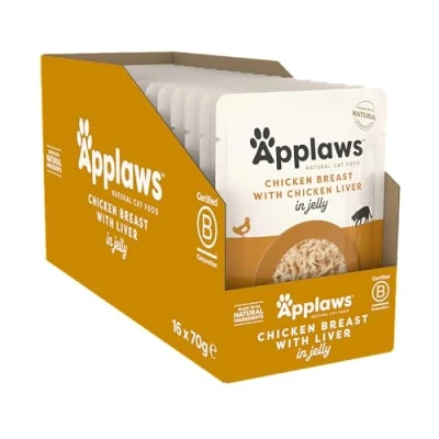 Afbeelding van Applaws Natuurlijk kattenvoer, kip met lever in geleizakje, 70 g (verpakking van 16)