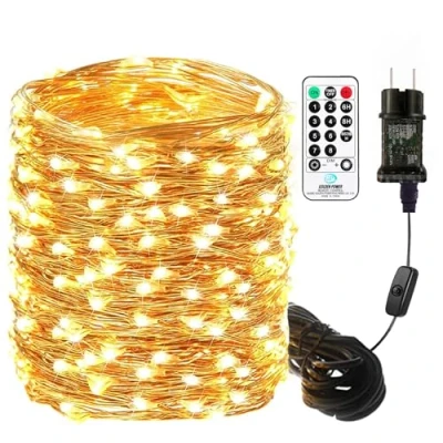 Afbeelding van 20 m led lichtketting van koperdraad, 200 leds, warmwit, met stekker en afstandsbediening, waterdicht IP65, binnendecoratie voor Kerstmis, bruiloft, tuinfeest