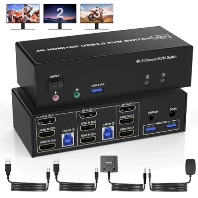 Afbeelding van USB 3.0 DisplayPort + 2 HDMI KVM Switch 3 monitoren computers, 4K @60Hz Triple Monitor 2PC met poorten en audiomicrofoon, toetsenbord muis schakelaar