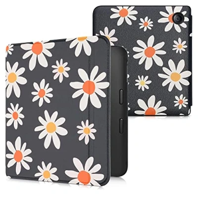Afbeelding van kwmobile E reader hoesje geschikt voor Kobo Libra 2 hoes flip case met magnetische sluiting Ereader cover Madeliefjes design in blauw / wit geel