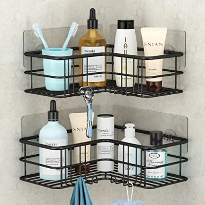 Afbeelding van Menbyci 2 pack hoekdouche Caddy, zelfklevende badplank met haken, roestvrij staal 304 roestbestendige badkuipaccessoires organizer, opbergrek shampoorek wandgemonteerde organizer (zwart)