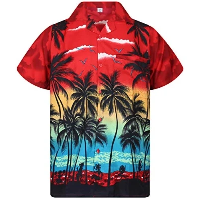 Afbeelding van V.H.O. Funky Hawaïhemd heren korte mouwen voorzak Hawaii print strand palmen diverse kleuren, Beach Red, M