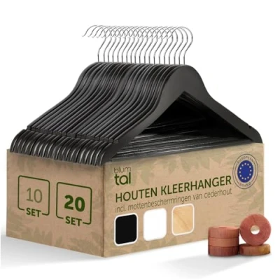 Afbeelding van Blumtal Set van 20 Kledinghangers Hoogwaardige Kleerhangers Hout Antislip Met inkepingen Zwart