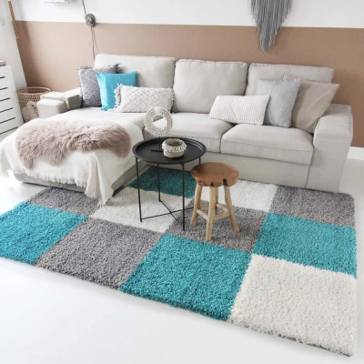 Afbeelding van Hoogpolig Tapijt/Vloerkleed Shaggy Trend Blokken Turquoise 200x290 Cm