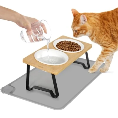 Afbeelding van Lannvan Verhoogde kattenbak, set van 2 keramische voerbakken met bakonderlegger, siliconen, ergonomisch voederstation, 15 graden gekantelde hondenbak, voederbak en waterbak voor katten