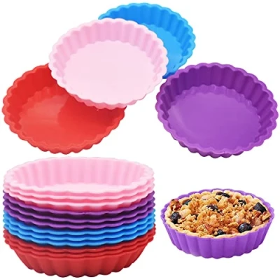 Afbeelding van Siliconen Bakvormen Rond,Xiuyer 12 stuks Herbruikbare Pie Mallen Anti aanbak Taartvormen Ovenschotels Gebak Cakevorm voor Maken en Bakken Taarten Quiche Muffin Cupcakes(10,8cm, willekeurige kleuren)