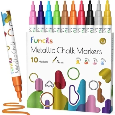 Afbeelding van Funcils 10 metallic fijne punt vloeibare krijtstiften voor schoolbordborden, schoolbord, venster, labels, bistro, glas, auto, nat wisbare inkt krijtbordmarkeringen, omkeerbare 3 mm tip