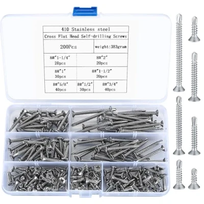 Afbeelding van Zelfborende schroeven set, Kruiskop Plattekop Houtschroeven, RVS Zelftappende met Boorkop, Verzonken metalen M4.2 * 13mm/16mm/19mm/25mm/32mm/38mm/50mm