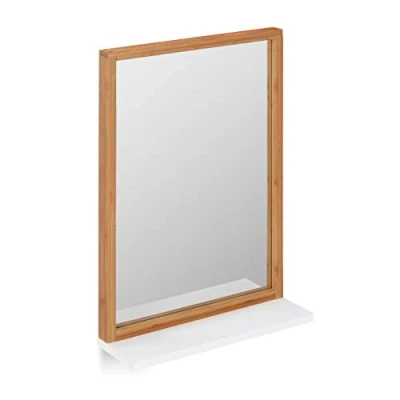 Afbeelding van Relaxdays spiegel met plankje, rechthoekig, om op te hangen, voor in de badkamer of gang, van bamboe en mdf, natuur/wit