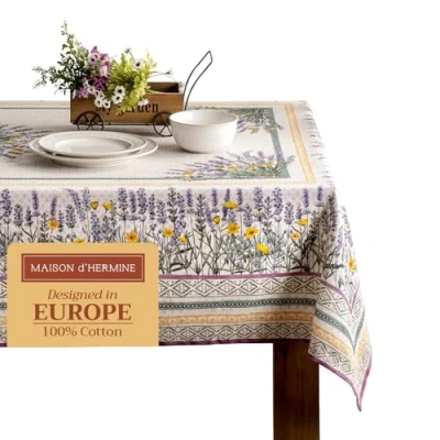 Afbeelding van Tafelkleed, 100% katoen, wasbaar, 140 cm x 180 cm, vierkant, decoratief tafelkleed voor Moederdag, eten, camping, lente/zomer