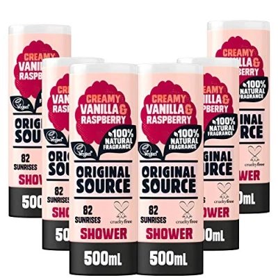 Afbeelding van Original Source Vanillemelk en framboos douchegel met 100% natuurlijke geur, grote veganistische douchegel, parabenenvrije lichaamsdouchewas, multipack van 6 x 500 ml