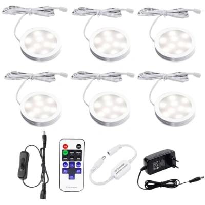 Afbeelding van AIBOO led onderbouwlamp met afstandsbediening, dimbare kastverlichting, 12 V kabel, 6 stuks, keukenlampen, verlichting, onderkastverlichting, wit, schakelaar, keukenlicht, W, 230 V,