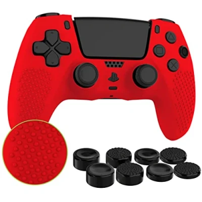 Afbeelding van MyGadget Siliconen hoes compatibel met PS5 controller, 8 thumbsticks (2 x hoog paar 2 laag paar) cover voor Playstation Dualsense Wireless in rood