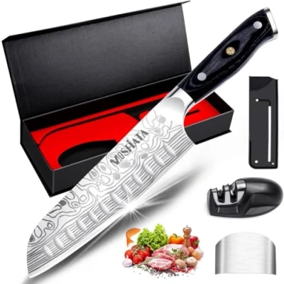 Afbeelding van MOSFiATA 7&quot; Santoku mes met vinger guard en slijper, Duitse high carbon roestvrij staal EN.4116 keuken kookmes Micarta handvat geschenkdoos
