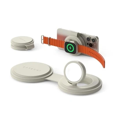 Afbeelding van SATECHI OnTheGo 2 in 1 Qi2 Reislader met 15W snelladen voor iPhone en 5W Apple Watch, Draadloze magnetische MagSafe oplader Zand