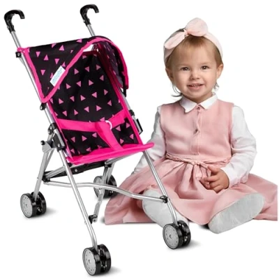 Afbeelding van Kinderplay poppenwagen, poppenwagen lichtgewicht, stabiele constructie, handgreephoogte 54 cm, model KP0290 (KP0290R) 41x28x54cm roze, zwart