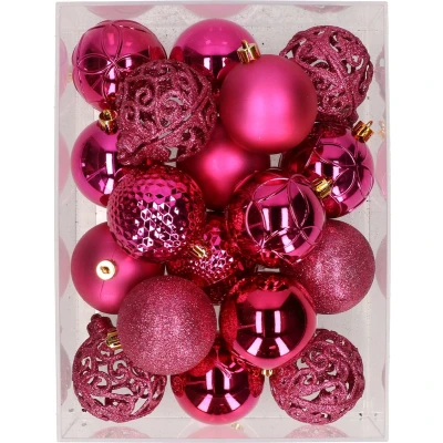 Afbeelding van 37x stuks kunststof kerstballen felroze 6 cm Kerstbal