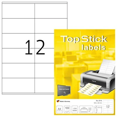 Afbeelding van TopStick 8715 universele etiketten A4 (105 x 48 mm, 100 velle, papier, mat) zelfklevend, bedrukbaar, permanente klevende adreslabels, 1.200 voor printer, wit