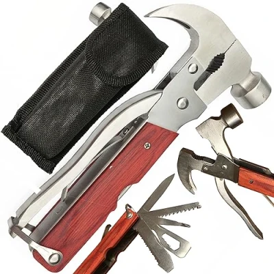 Afbeelding van Retoo Multitools, multifunctionele tang, zakgereedschap, opvouwbaar, geschenk, tang met noodhamer, klapmes, zakmes voor man, camping, reparatie, roestvrij staal, hout