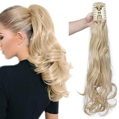 Afbeelding van SEGO Paardenstaart golvend paardenstaart, elastisch, ponytail claw on met klem 60 cm, goudkleurig, zeer lichtblond