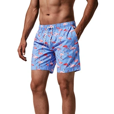 Afbeelding van MaaMgic heren zwemshort FAST DRYING boardshort trainingsbroek met mesh voering en verstelbaar trekkoord, Blauwe flamingo, L