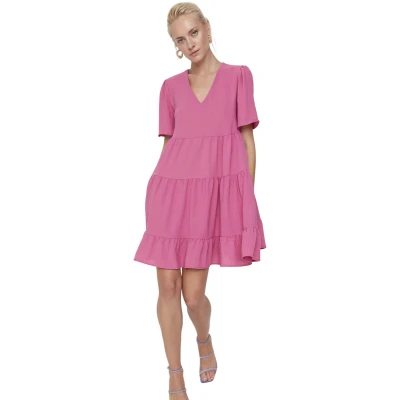 Afbeelding van Trendyol Fuchsia Wijde Mini Geweven Jurk Met V Hals Twoss20El0400