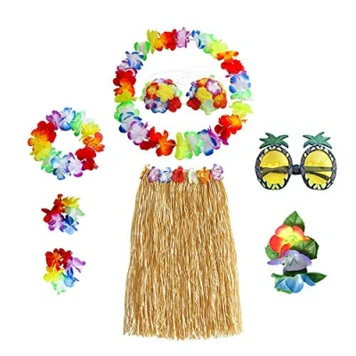 Afbeelding van Hawaï set, Hawaiian Hula Grass Rok Set 8 stuks Hawaii themafeest kostuums met halsketting armbanden hoofdband bloem beha haarclip en ananas zonnebril voor meisjes vrouwen Luau Beach Party
