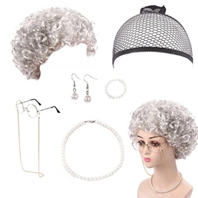 Afbeelding van 7 Stuks Oude Dame Kostuum Set, Cosplay Grijze Pruik Kostuum, Geschikt voor Carnaval, Rollenspel(Zilver Pruik)