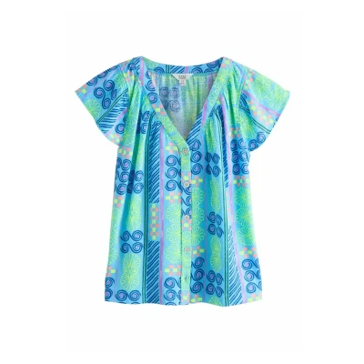 Afbeelding van Next Regular FIT Ruffle Sleeve Blouse, Dames, Maat: 50, Blue abstract print