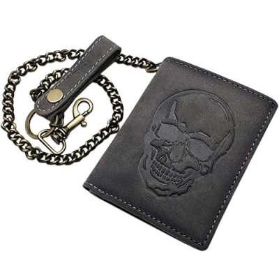Afbeelding van Echt buffelleer staand formaat bikerportefeuille / portemonnee met metalen ketting doodskopmotief RFID &amp; NFC bescherming (vintage grijs)