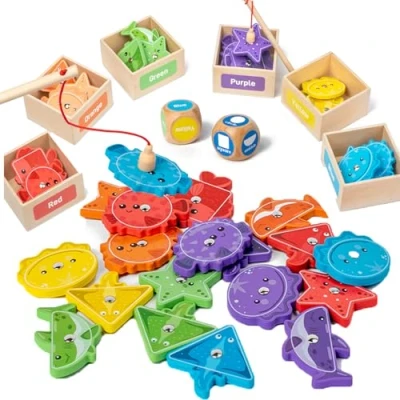 Afbeelding van Smartwo Montessori Speelgoed vanaf 2 jaar, magnetisch visspel 3 sorteerspellen in kleur en vorm, educatief speelgoed, houten motoriekspeelgoed, zinvol cadeau voor baby&#039;s van 4