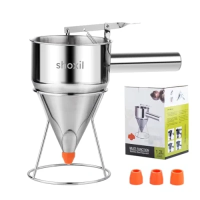 Afbeelding van Shoxil 40 oz roestvrijstalen pannenkoekbeslag dispenser, multi kaliber trechter taartdispenser met standaard, geweldig voor pannenkoeken, cupcakes of andere gebakken goederen (40 oz/1,2 L)