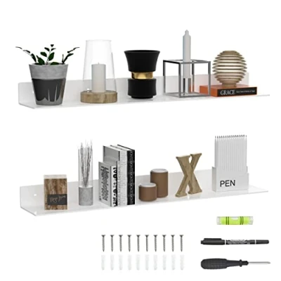 Afbeelding van Sezanrpt 91,5 cm witte heen en weer bewegende planken voor wanddecoratie, acryl opberg wandplankhouder, aan de muur bevestigde Home Organizer rekken met een gratis schroevendraaier, set van 2