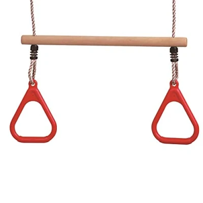 Afbeelding van Hardhouten trapezium met turnringen en touw, touwringen trapezium, houten schommelzitje om op te hangen, kinderschommel, speeltoestel