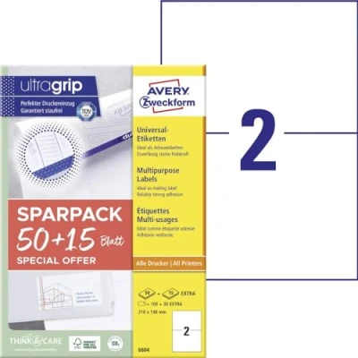 Afbeelding van Avery Zweckform 6604 210 x 148 mm Papier Wit 130 stuk(s) Permanent hechtend Universele etiketten Laser 65 vel DIN A4