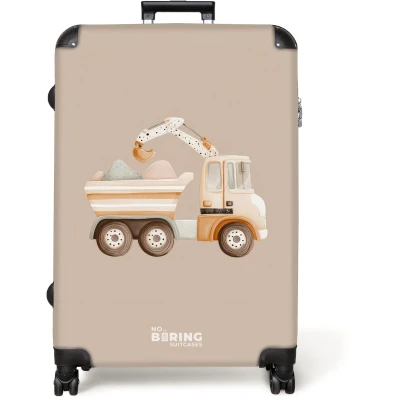Afbeelding van NoBoringSuitcases.com® Koffer groot Reiskoffer lichtgewicht Gele kiepwagen in neutrale kleuren Rolkoffer met 4 wielen Grote trolley XL 98 liter bagage