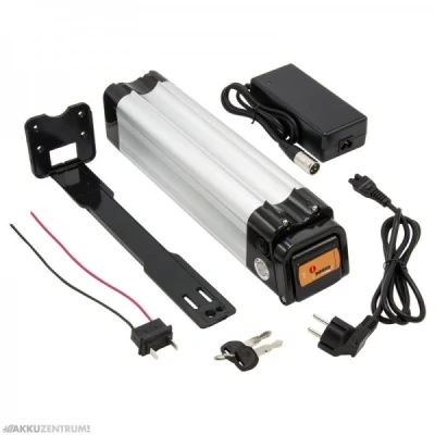 Afbeelding van E bike accu Maratron &quot;Silver Fish&quot; XH259 25,9V / 12Ah zilver met houder en lader zitbuis