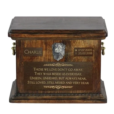 Afbeelding van Art Dog Pet Memorial Urn Handgemaakt koud gegoten bronzen portret op berkenbasis Gepersonaliseerde hondencrematiedoos 8,3x11,4x8,7 Nederlandse retriever