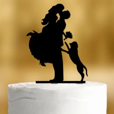 Afbeelding van Taarttopper, sprong met hond, zwart [staande hond] acryl decoratie bruidstaart bruiloft taartdecoratie verloving