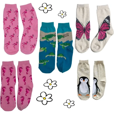 Afbeelding van Nature Planet kindersokken set van 5 paar sokken flamingo vlinder zeepaardje pinguïn zeeschildpad (100% Oeko tex gecertificeerd) maat 23 28