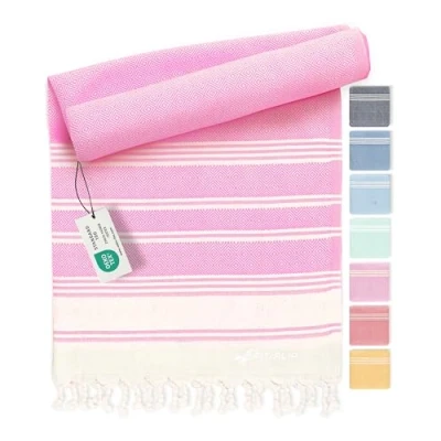 Afbeelding van Fit Flip Hamamdoek Strandhanddoek XXL van 100% gerecycled katoen sneldrogend strandlaken, fouta, pestemal Turkse handdoek ideaal als hamam saunahanddoek en sarong Roze 100x200cm Diamond