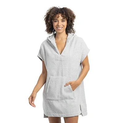 Afbeelding van HOMELEVEL badstof poncho voor dames Maat S strandponcho 100% katoen Met kangoeroezak en capuchon Lichtgrijs