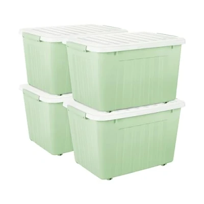 Afbeelding van Cetomo 80L x 4 opbergdozen met wielen, plastic opbergdoos deksel, vergrendelende gespen, kliksluiting, stapelbaar, nesten, duurzame organizer voor thuiskantoorkleding, groen, Pack