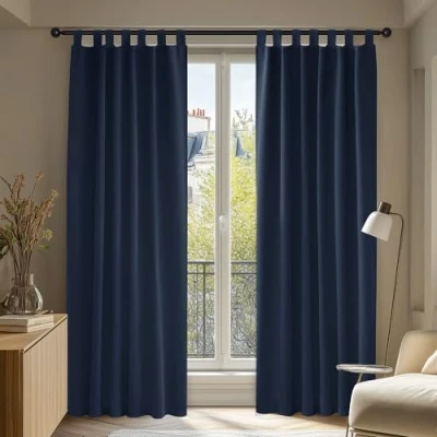 Afbeelding van Deconovo Verduisterende Gordijnen, Kant en Klaar, Ondoorzichtig verduisteringsgordijn met Lussen voor Raam, Slaapkamer, 140x175 cm (B x H), Marineblauw, set van 2