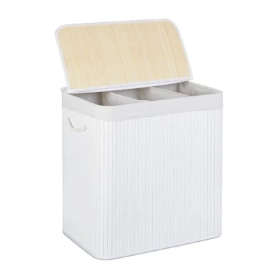 Afbeelding van Relaxdays wassorteerder 3 vakken wasmand met deksel wasgoedsorteerder bamboe wit