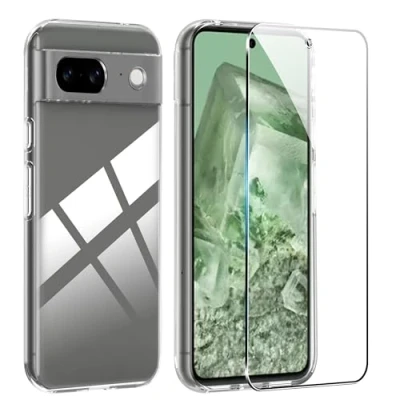 Afbeelding van FDHYFGDY beschermhoes voor Google Pixel 8a + 1 stuks displaybescherming van gehard glas, transparante siliconen, schokbestendig, dunne zacht TPU