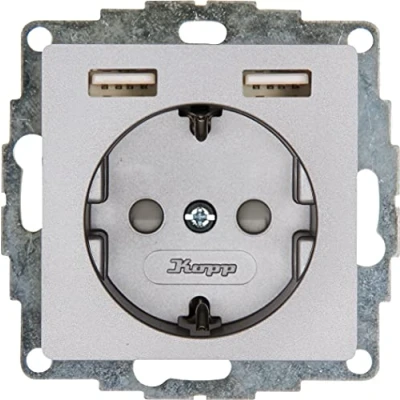 Afbeelding van Kopp HK07 inbouw geaarde stopcontact met 2 USB oplaadaansluitingen, kleur: staal, 1 stuk, 296247006