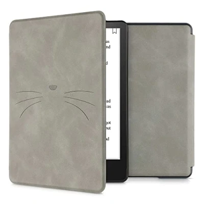Afbeelding van kwmobile e reader hoesje compatibel met Amazon Kindle Paperwhite 11. Generation 2021 Kunstleren ereader cover stand Kat Miauw in grijs