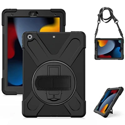 Afbeelding van Gerutek hoesje voor iPad 9e/8e/7e generatie, schokbestendig, 10.2 schokbestendig met [360 draaibare kickstand/handriem] [potloodhouder] Beschermhoes generatie 10.2&quot;,